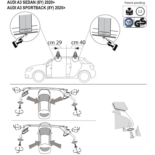 Kit barre portatutto LP47 per Audi A3 Berlina-Sportback dal 2020